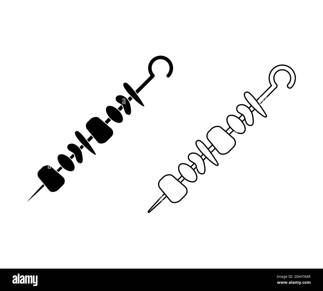 Shish Kebab auf Spieß. Gegrilltes Fleisch auf Stock. Silhouette und Umriss. Vektorgrafik isoliert auf Weiß. Stock Vektor