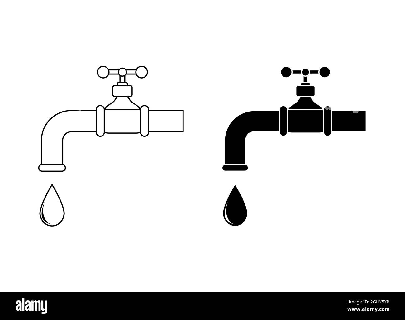 Wasserhahn mit Wassertropfen-Symbol. Silhouette und Umriss. Vektorgrafik isoliert auf Weiß. Stock Vektor