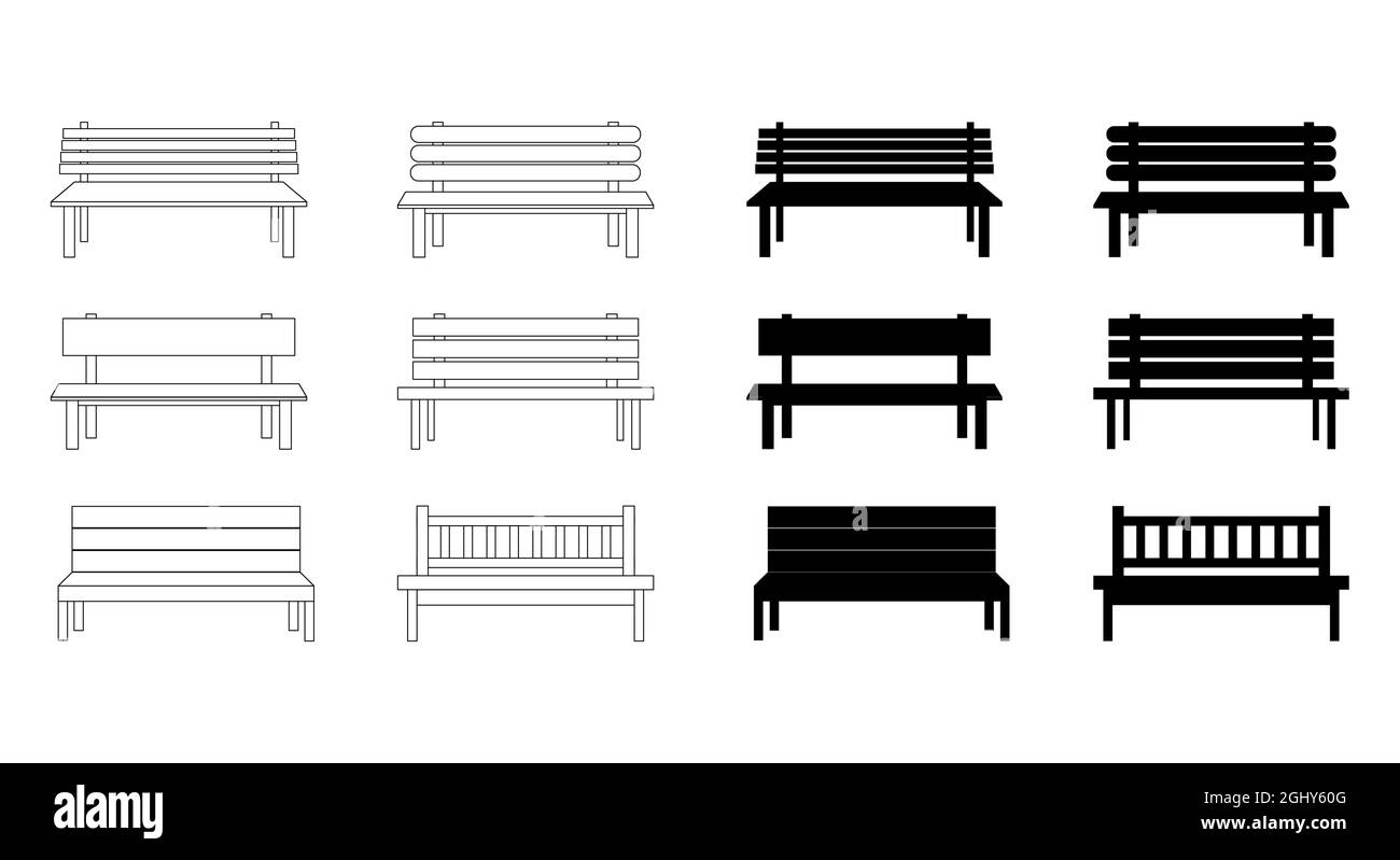 Parkbank-Symbol. Komfortabler öffentlicher Holzsitz Symbolsatz. Silhouette und Umriss. Vektorgrafik isoliert auf Weiß. Stock Vektor
