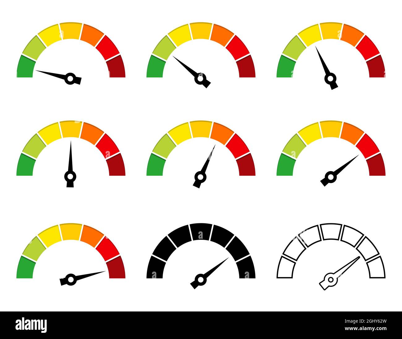 Tachometer-Symbol eingestellt. Vorlage für Leistungsindikatoren. Einfaches, flaches Design. Vektorgrafik isoliert auf Weiß. Stock Vektor
