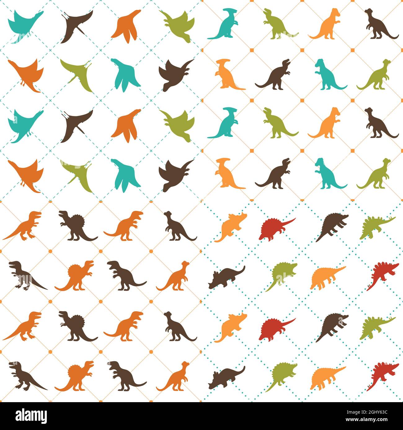 Dinosaurier nahtlose Muster Vektor. Tyrannosaurus, Brontosaurus, Stegosaurus, Triceratops Stock Vektor