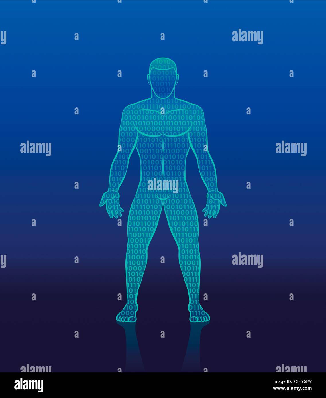 Binärcode Cyber man - digitale menschliche Silhouette mit Einsen und Nullen zusammengesetzt - Symbol für künstliche Intelligenz, Kybernetik, Bionik Robotik. Stockfoto