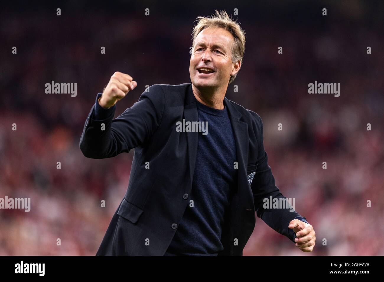 Kopenhagen, Dänemark. September 2021. Cheftrainer Kasper Hjulmand aus Dänemark feierte den Sieg 5-0 nach der UEFA-WM-Qualifikation zwischen Dänemark und Israel in Parken in Kopenhagen. (Foto: Gonzales Photo/Alamy Live News Stockfoto