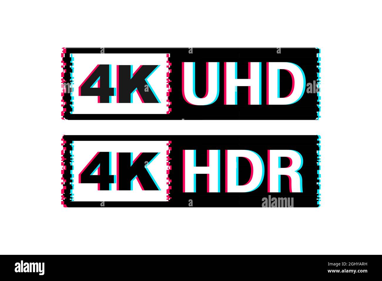 4K Ultra HD-Label. Hochtechnologie. Glitch-Symbol. LED-Fernsehbildschirm. Vektorgrafik. Stock Vektor