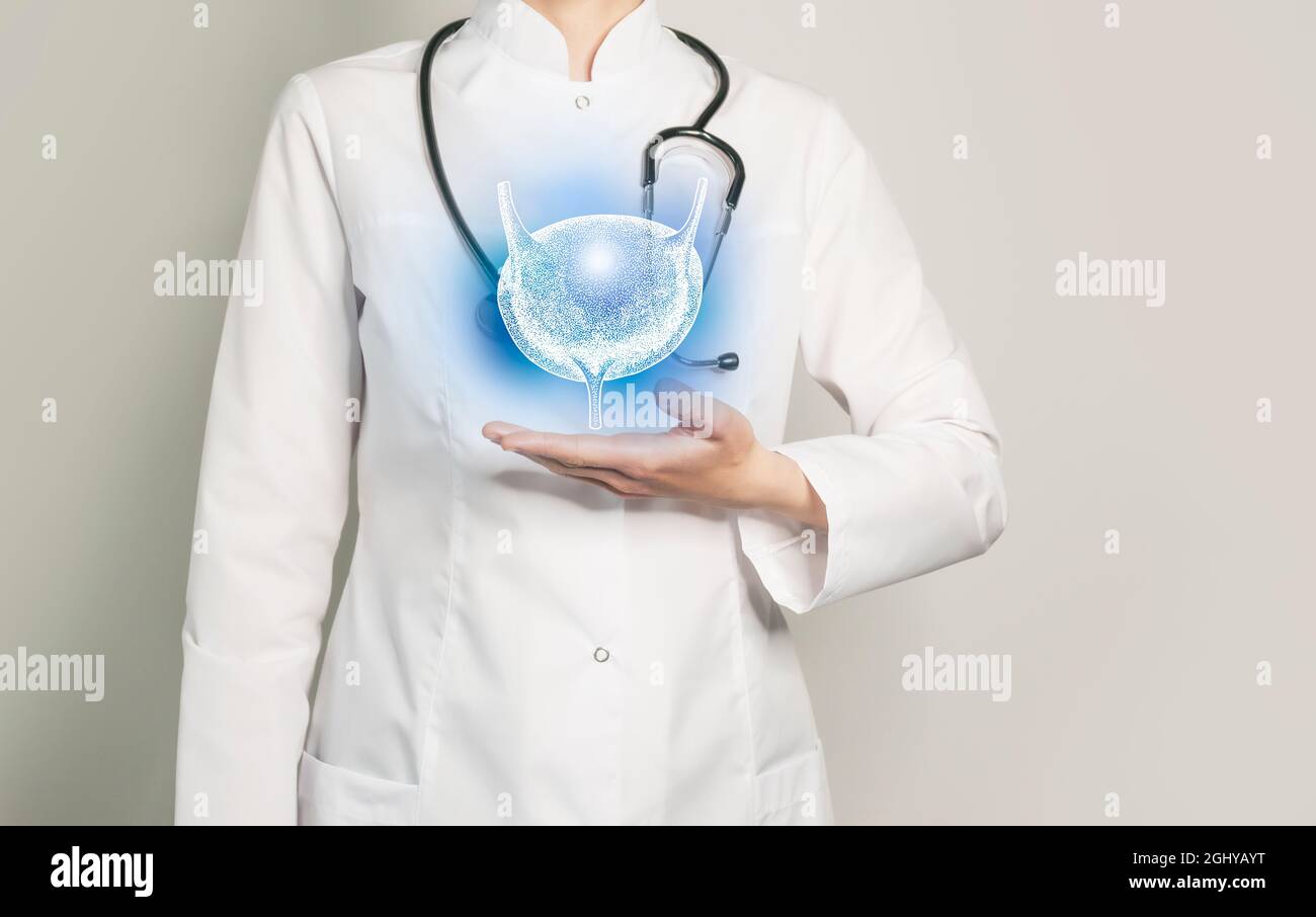 Blase gibt medizinisches Konzept. Foto einer Ärztin, leerer Raum. Stockfoto