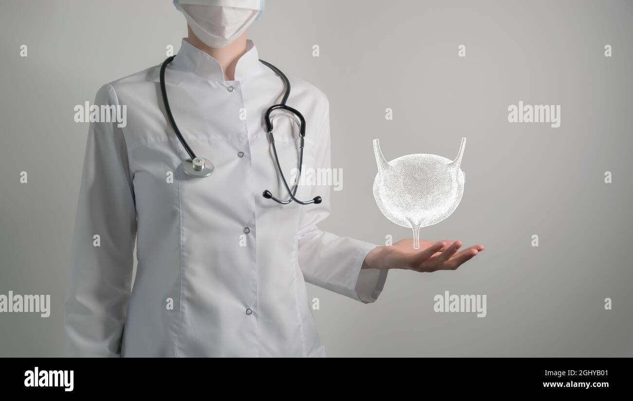 Blase gibt medizinisches Konzept. Foto einer Ärztin, leerer Raum. Stockfoto