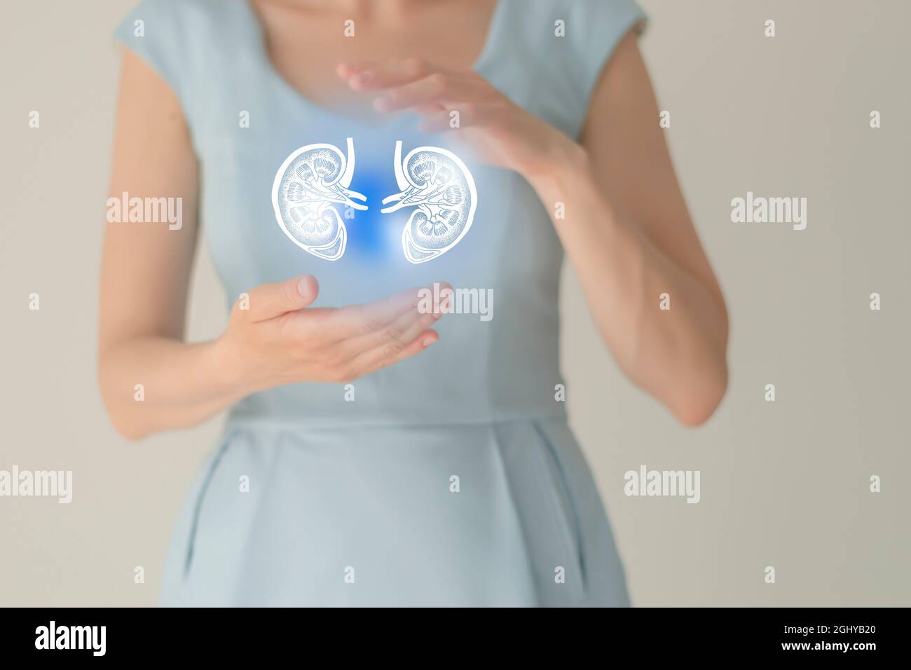Nicht erkennbare weibliche Patientin in blauer Kleidung, hervorgehobene, von Hand gezeichnete Niere in den Händen. Das menschliche Nierensystem stellt ein Konzept dar. Stockfoto