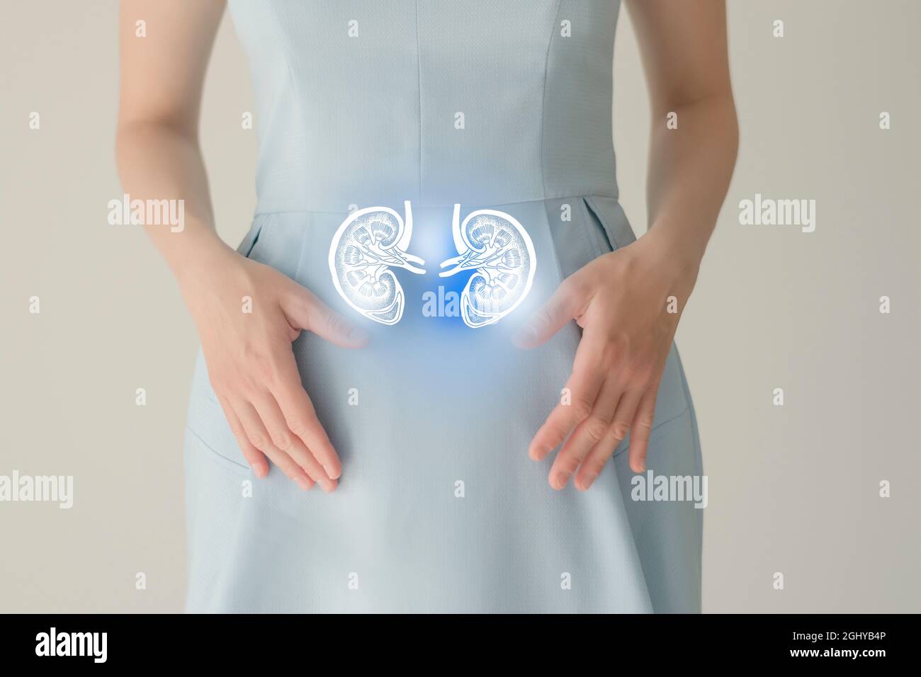 Nicht erkennbare weibliche Patientin in blauer Kleidung, hervorgehobene, von Hand gezeichnete Niere in den Händen. Das menschliche Nierensystem stellt ein Konzept dar. Stockfoto