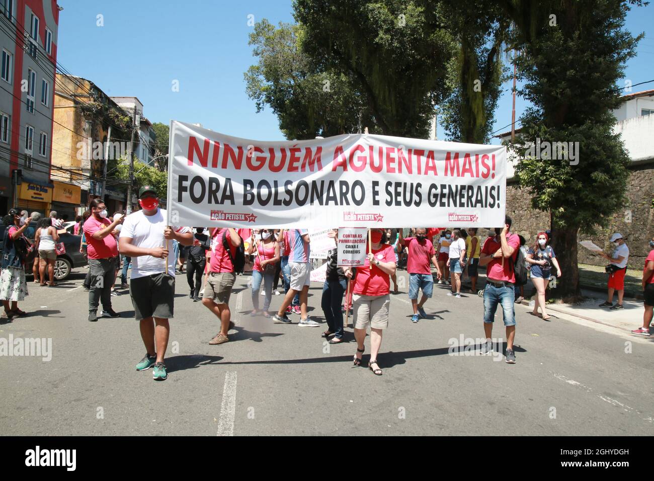 salvador, bahia, brasilien - 7. september 2021: Protestierende gegen die Regierung von Präsident Jair Bolsonaro protestieren in der Stadt Salvador. Die ACT-ma Stockfoto