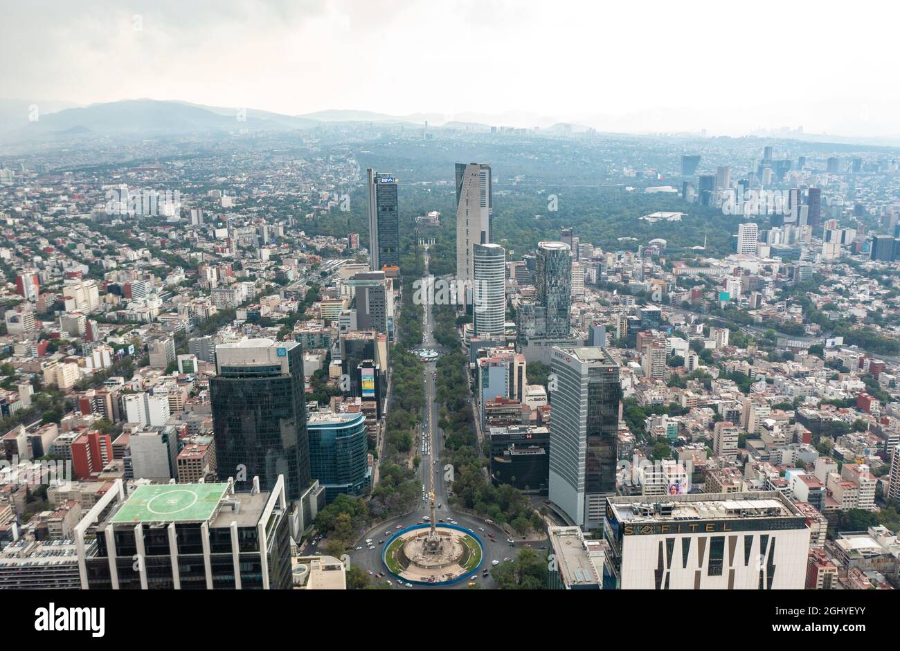 Luftaufnahme des Engels der Unabhängigkeit, umgeben von Grün und Handels- und Finanzgebäude in Mexiko-Stadt während des Tages Stockfoto