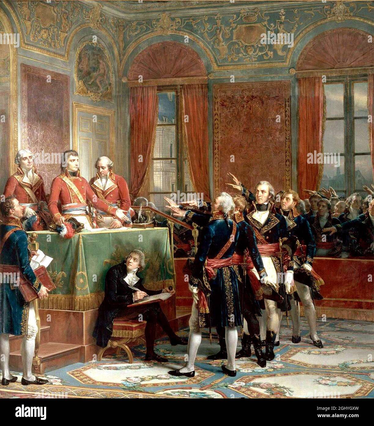 Napoleon wurde 1802 als erster Konsul vereidigt, mit Jacques Régis de Cambacérès (links) und Charles-François Lebrun (rechts). Gemälde von Auguste Couder Stockfoto