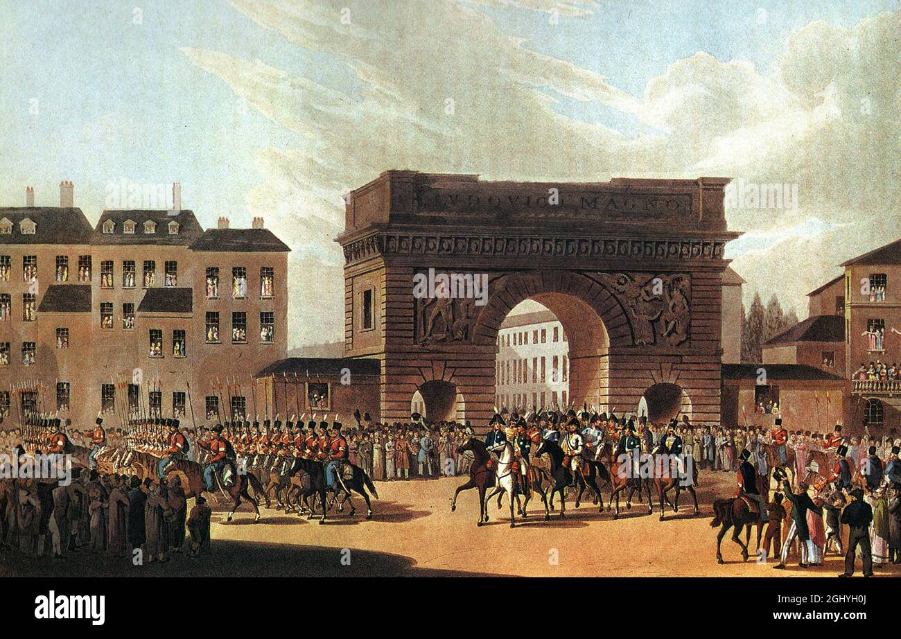 Die russische Armee, die nach der Niederlage Napoleons 1814 in Paris einmarschte Stockfoto