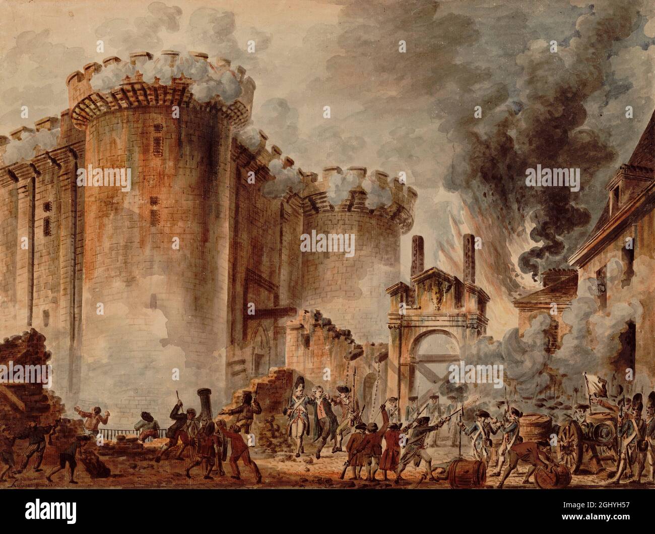 Der Sturm auf die Bastille und die Verhaftung von Bernard René Jourdan, marquis de Launay während der Französischen Revolution. Gemälde von Jean Pierre Houël Stockfoto