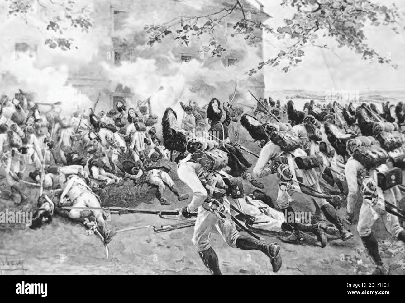 Österreichische Grenadiere versuchen während der Schlacht von Essling-Aspern 1809 in Österreich während der Napoleonischen Kriege, den befestigten Kornspeicher im Dorf Essling zu stürmen. Stockfoto