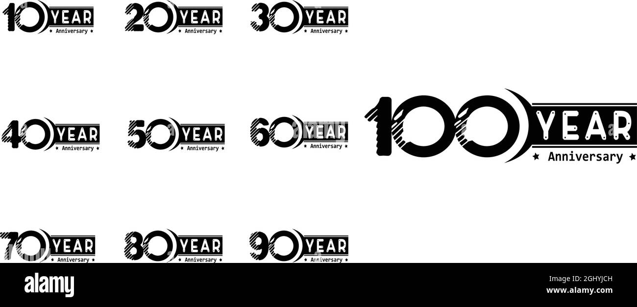 Set Year Anniversary Logo Vektor Vorlage Design Illustration schwarz und weiß Stock Vektor