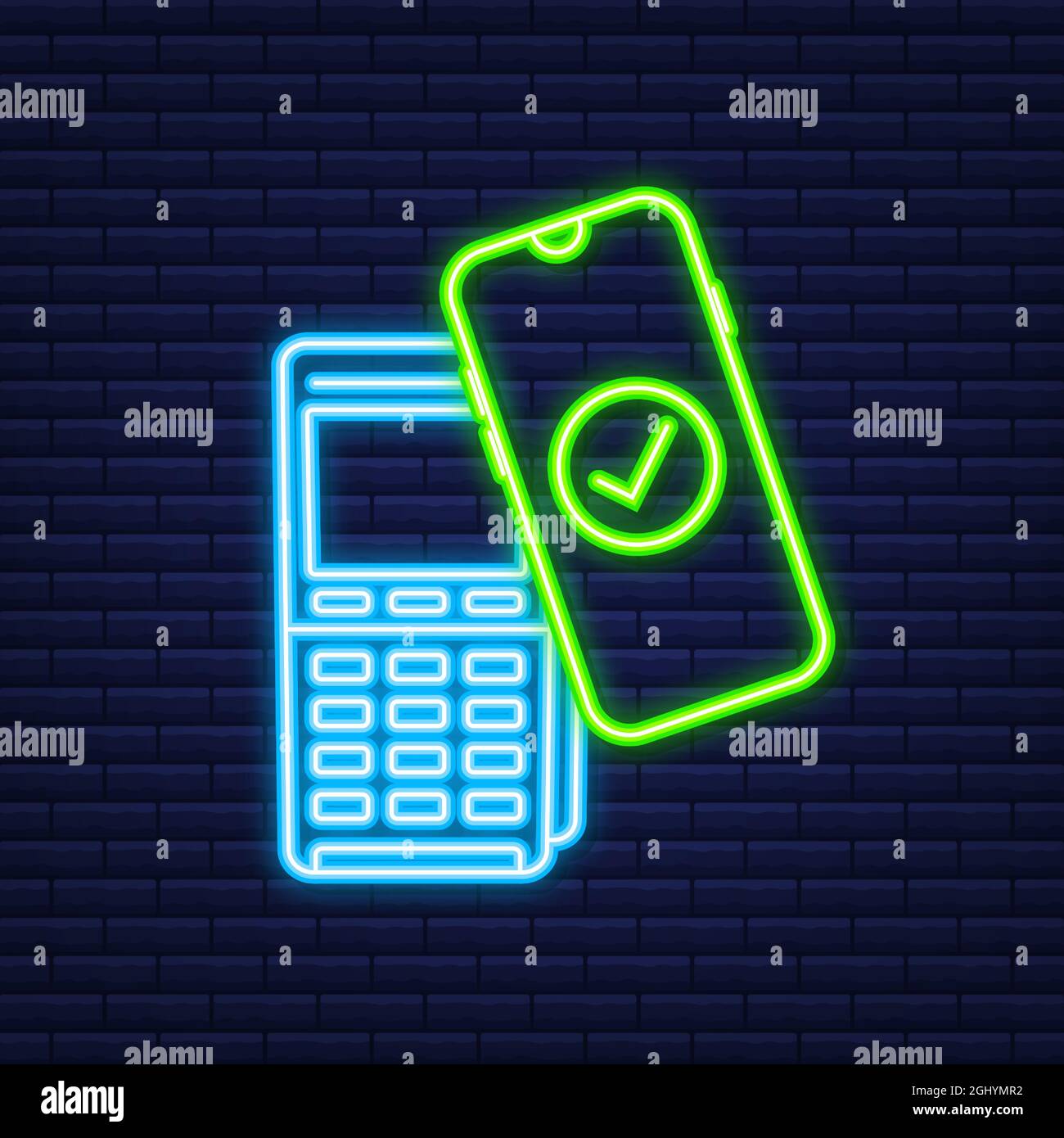 Logo für kontaktloses kabelloses Bezahlen. NFC-Technologie. Neonsymbol. Vektorgrafik. Stock Vektor