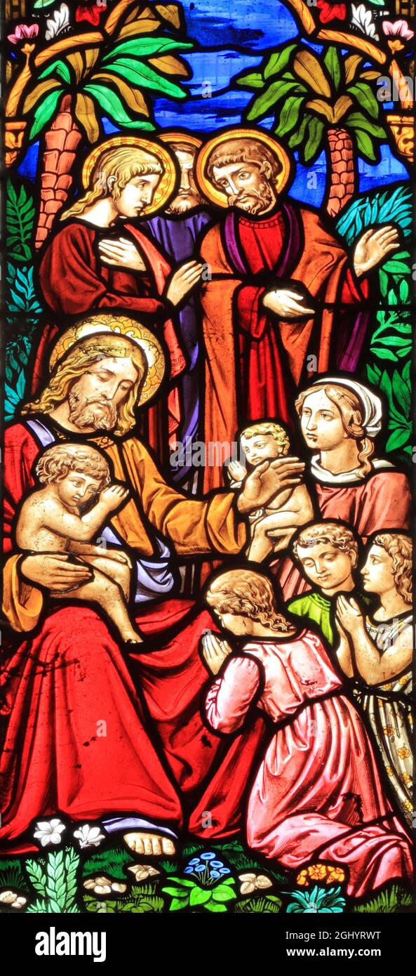 Suffer the Little Children, Life of Jesus Christ, Glasmalerei, von M & A O'Connor, Glas aus dem 19. Jahrhundert, Snettisham Kirche, Norfolk, England Stockfoto