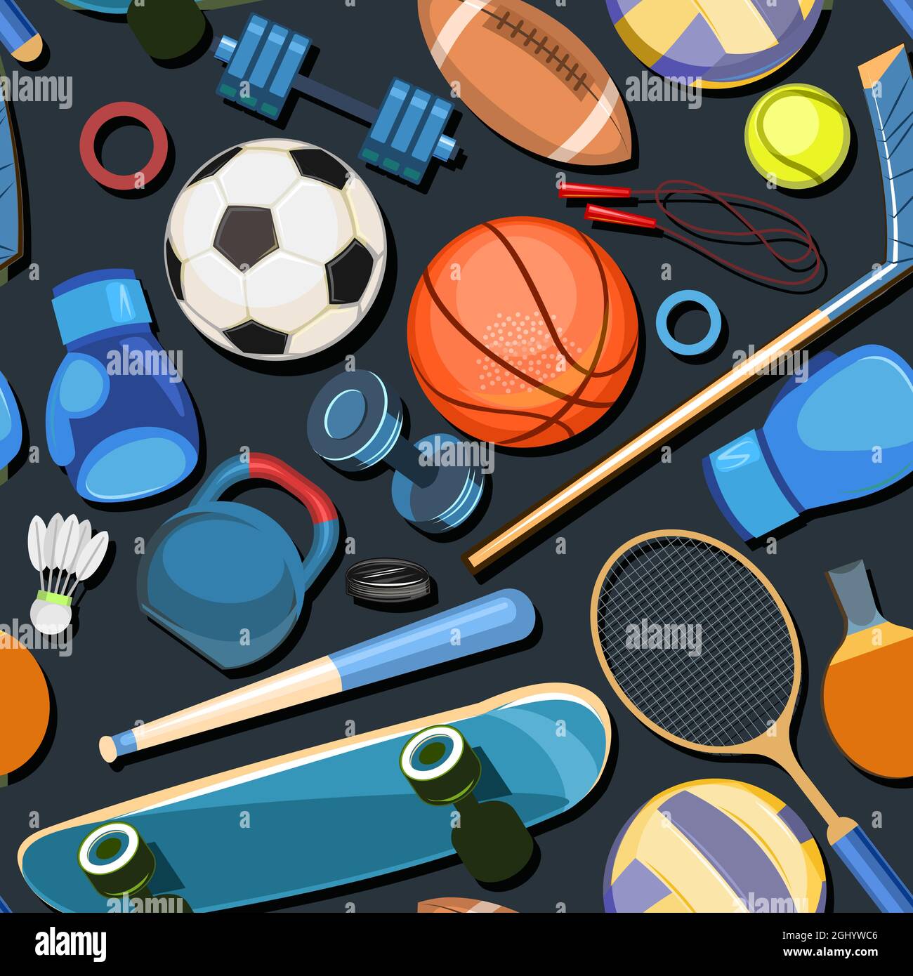Sportausrüstung für Sportler. Quadratisches Nahtmuster. Dunkler Hintergrund. Vektor Mit Farbenfrohen Illustrationen Stock Vektor