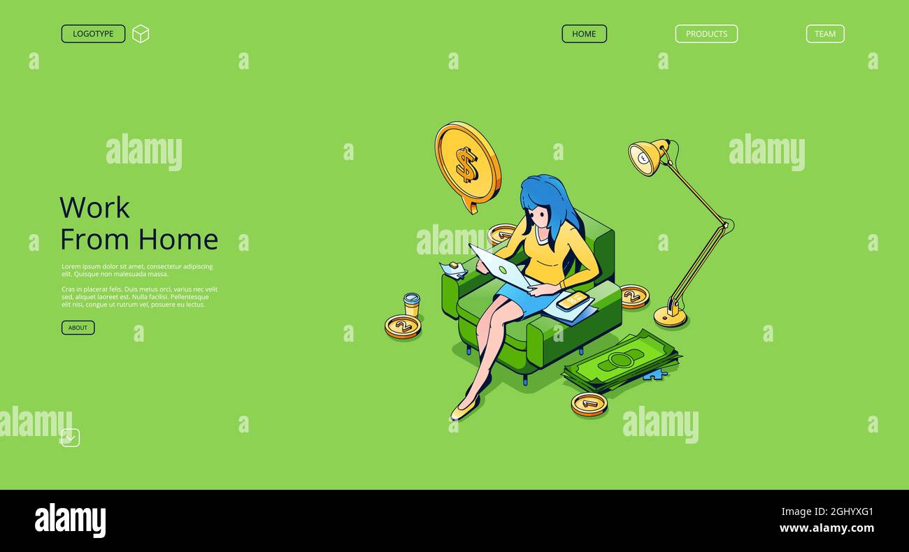 Arbeiten Sie von der isometrischen Startseite aus. Freiberufliche Mitarbeiterin, die an einem Laptop arbeitet und auf einem Sessel im Büro sitzt. Entfernter Arbeitsplatz für Geschäftsfrau, Analytikerin, Designerin, 3d-Vektorgrafik-Webbanner Stock Vektor