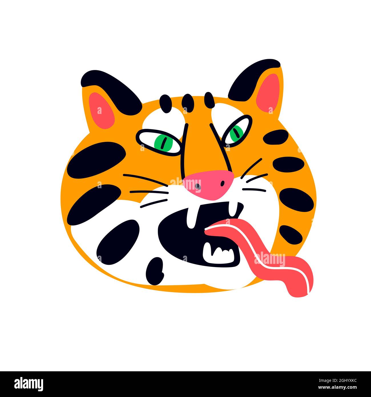 Wütend handgezeichnete orange gestreifte Tiger Schnauze mit offenem Mund Zunge Vektor flache Abbildung Stock Vektor