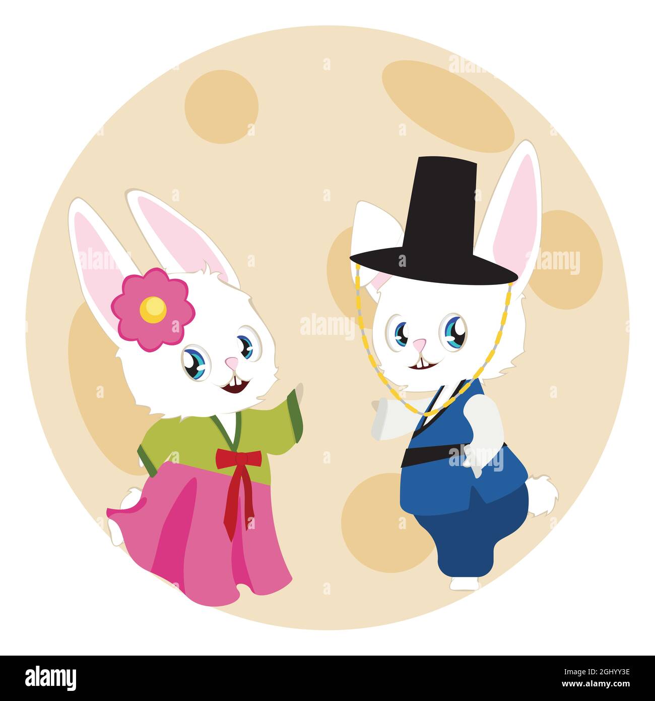 Nettes Cartoon weißes Häschen Paar trägt traditionelle koreanische Kostüm Hanbok für Chuseok, Mid Autumn Festival. Stock Vektor