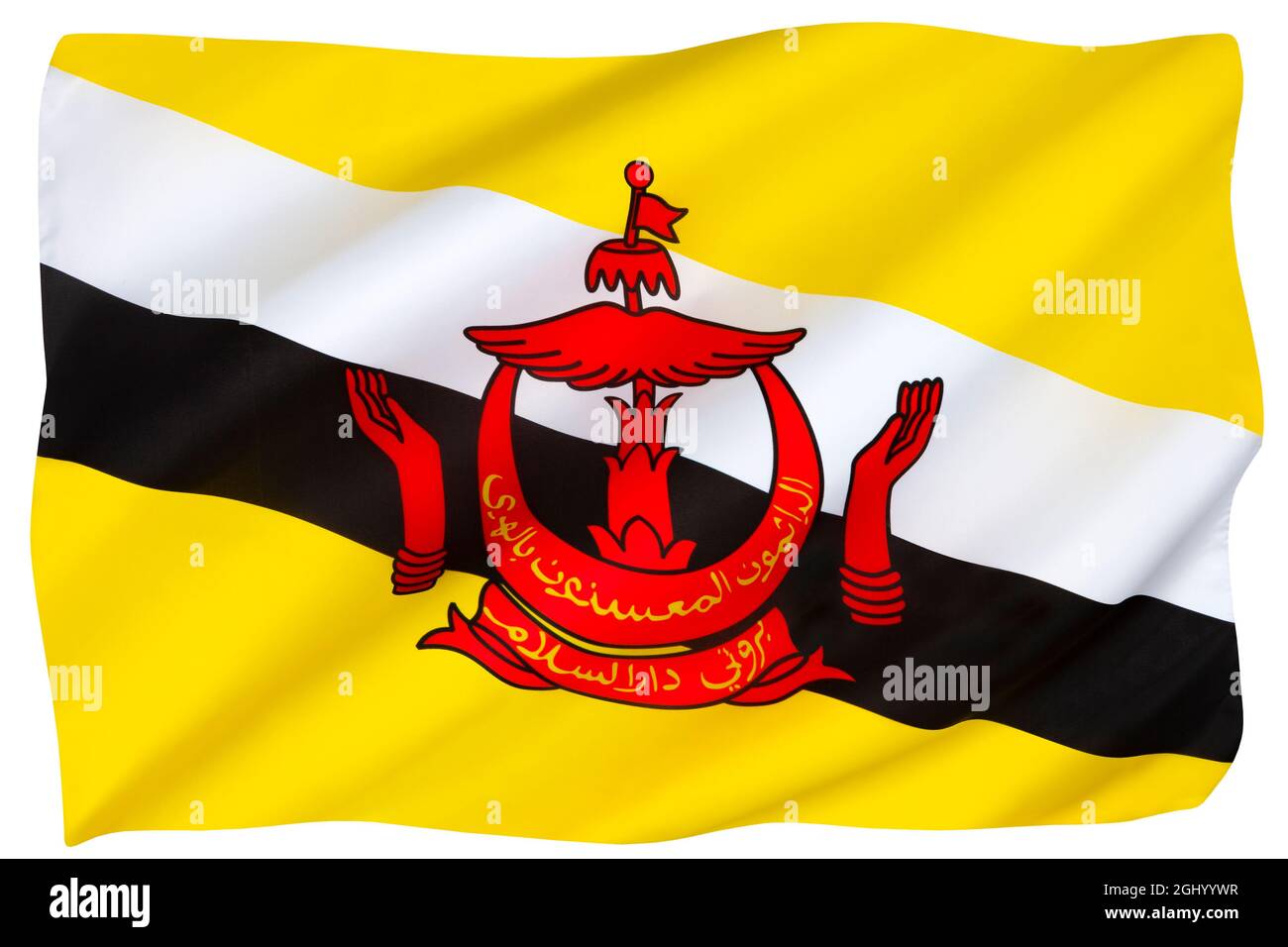 Flagge von Brunei - in Südostasien ist Gelb traditionell die Farbe des Königshauses. Der Halbmond symbolisiert den Islam, der Sonnenschirm symbolisiert die Monarchie und Stockfoto