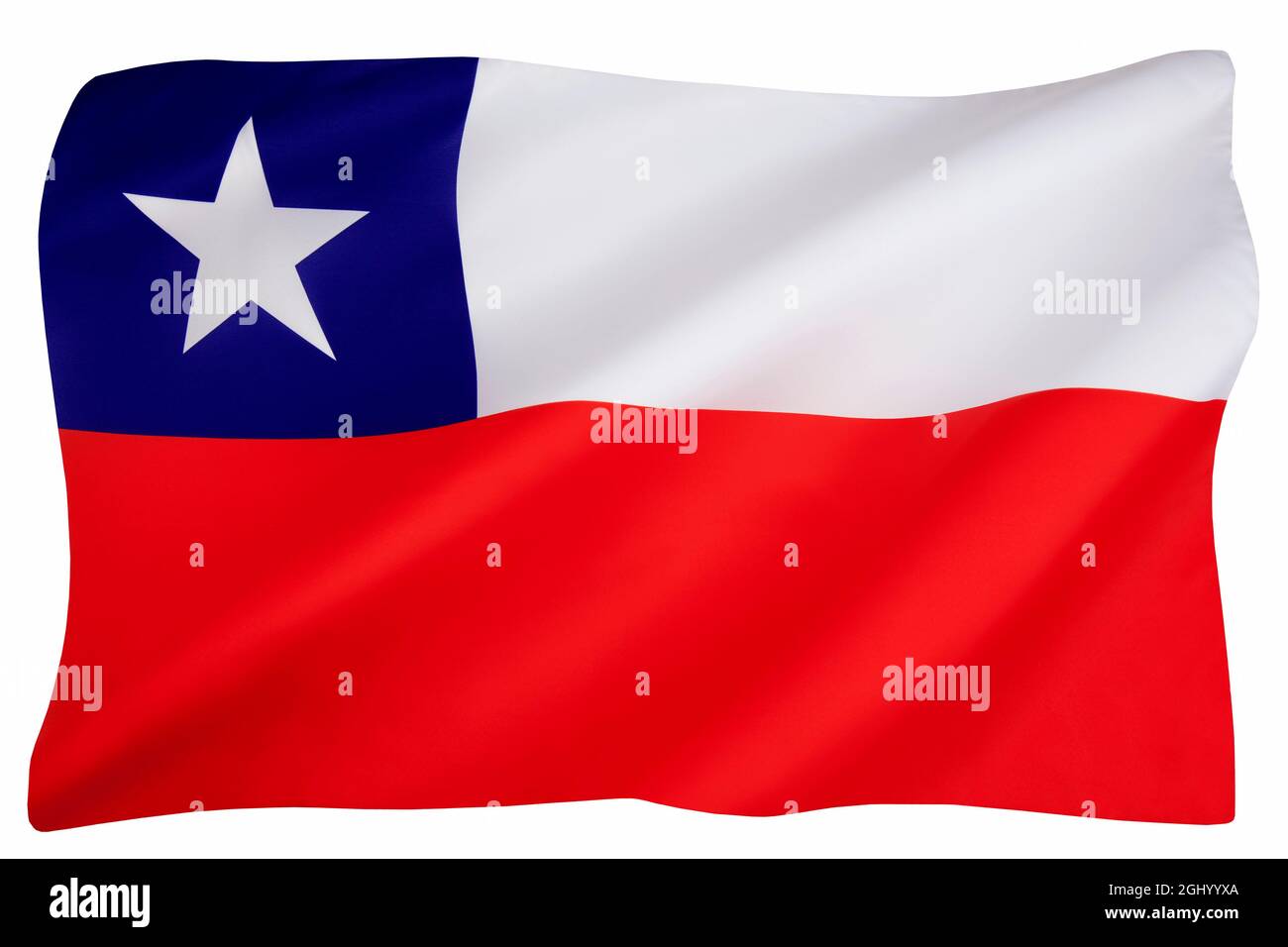 Die Nationalflagge der Republik Chile - angenommen am 18. Oktober 1817. Isoliert auf Weiß zum Ausschneiden. Stockfoto