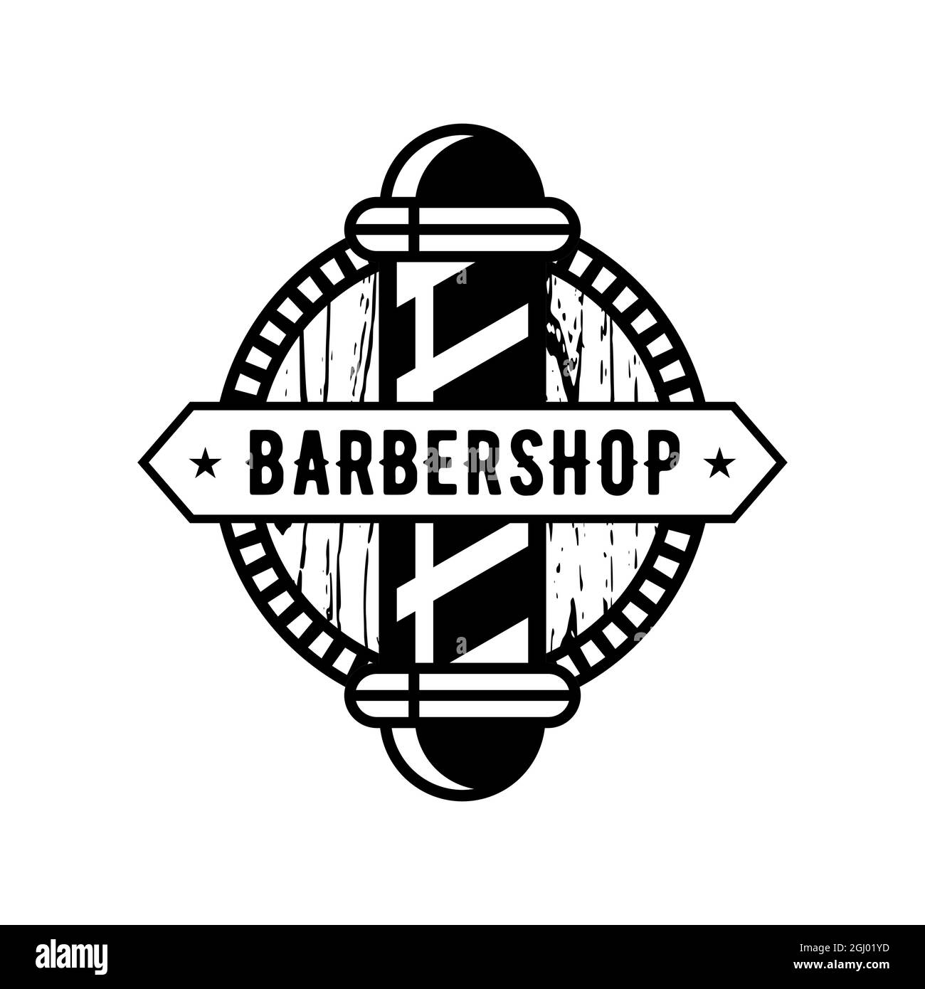Retro-Barbershop-Logo mit Stange. Vintage Schriftzug Friseur-Shop Emblem. Gentleman Frisur und Rasuren Salon. Schlichtes minimalistisches Schwarz-Weiß-Logo. Stock Vektor