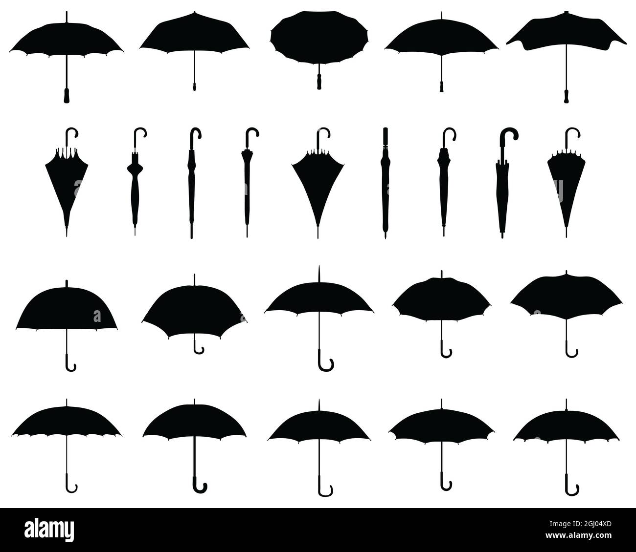 Schwarze Silhouetten von offenen und geschlossenen Regenschirmen auf weißem Hintergrund Stockfoto