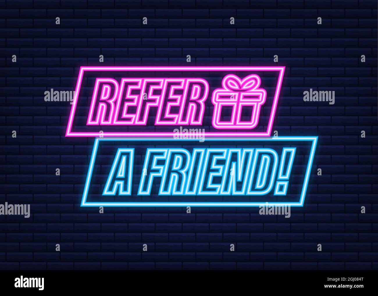 Neonsymbol für Freunde empfehlen. Geschäftserfolg. Neonsymbol. Vektorgrafik. Stock Vektor