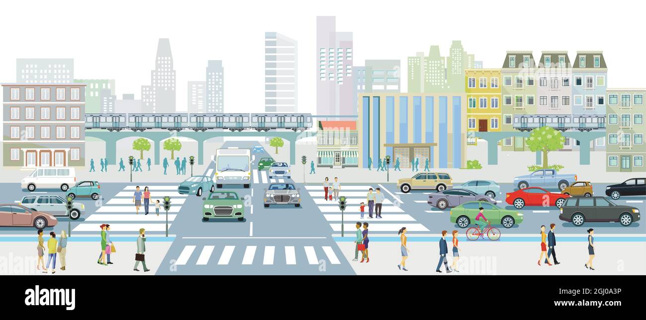 Große Stadt mit Fußgängern auf dem Fußgängerüberweg und Illustration des öffentlichen Nahverkehrs Stock Vektor