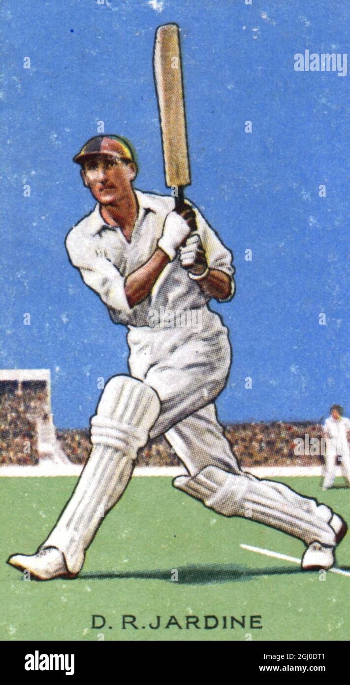 D R JARDINE Jardine wurde 1900 in Indien geboren und war Kapitän der englischen Mannschaft, die in Australien die ''Ashes'' in den Jahren 1932-33 wiedergewann. Sein Mut während der so genannten Bodyline-Kontroverse brachte ihm die Bewunderung aller Cricket-Liebhaber ein, und das Vertrauen des MCC wurde weiter bewiesen, als er 1933 eingeladen wurde, die englische Seite in Indien zu führen. Jardine, der Kapitän von Surrey ist, erhielt seinen Blue als Freshman in Oxford und kombiniert eine sichere Verteidigung mit einer Reihe von profitablen Seitenschlägen. Stockfoto