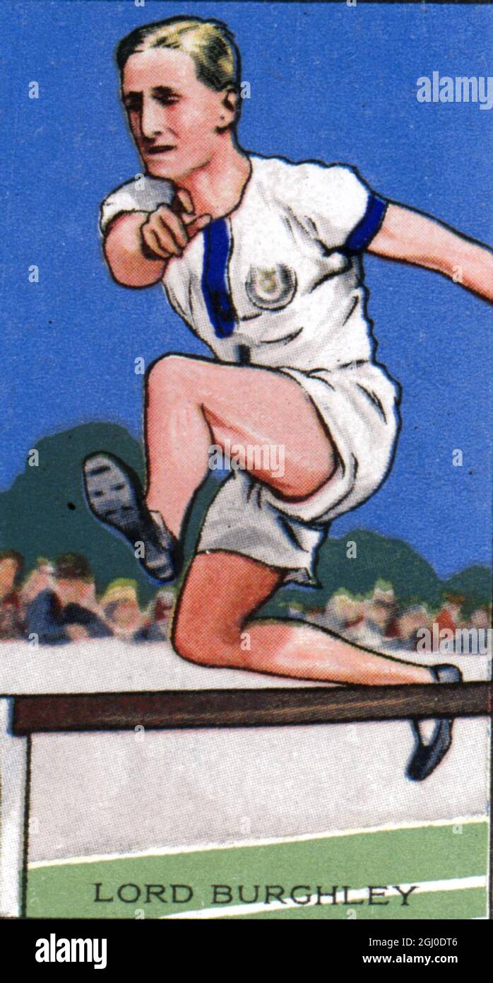 LORD BURGHLEY begann seine große Hürdenlaufbahn im Jahr 1925. Gewann die 120 und 220 Yards Hürden für Cambridge in 1925-6-7: Die 120 Yards AA Championship in 1929-30-31; und die 440 Yards in 1926-7-8. Den zweiten Titel verlor er 1929 an den Italiener Facelli, in dem er das britische Olympia-Team in Los Angeles übernahm und als einziger britischer Athlet in zwei Finals platziert wurde. Ein wirklich toller Sportler. Stockfoto