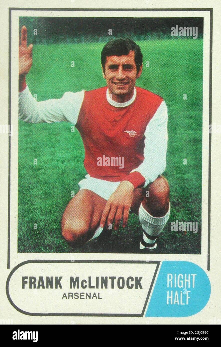 Frank McLintock - der Kapitän des Arsenal Arsenal, McLintock, wurde im Oktober 1964 von Leicester für £80,000 verlegt. Drei Mal für Schottland gedeckelt, hat sein angreifender Stil des Flügelhalbspiels einige denkwürdige Tore hervorgebracht. Stockfoto