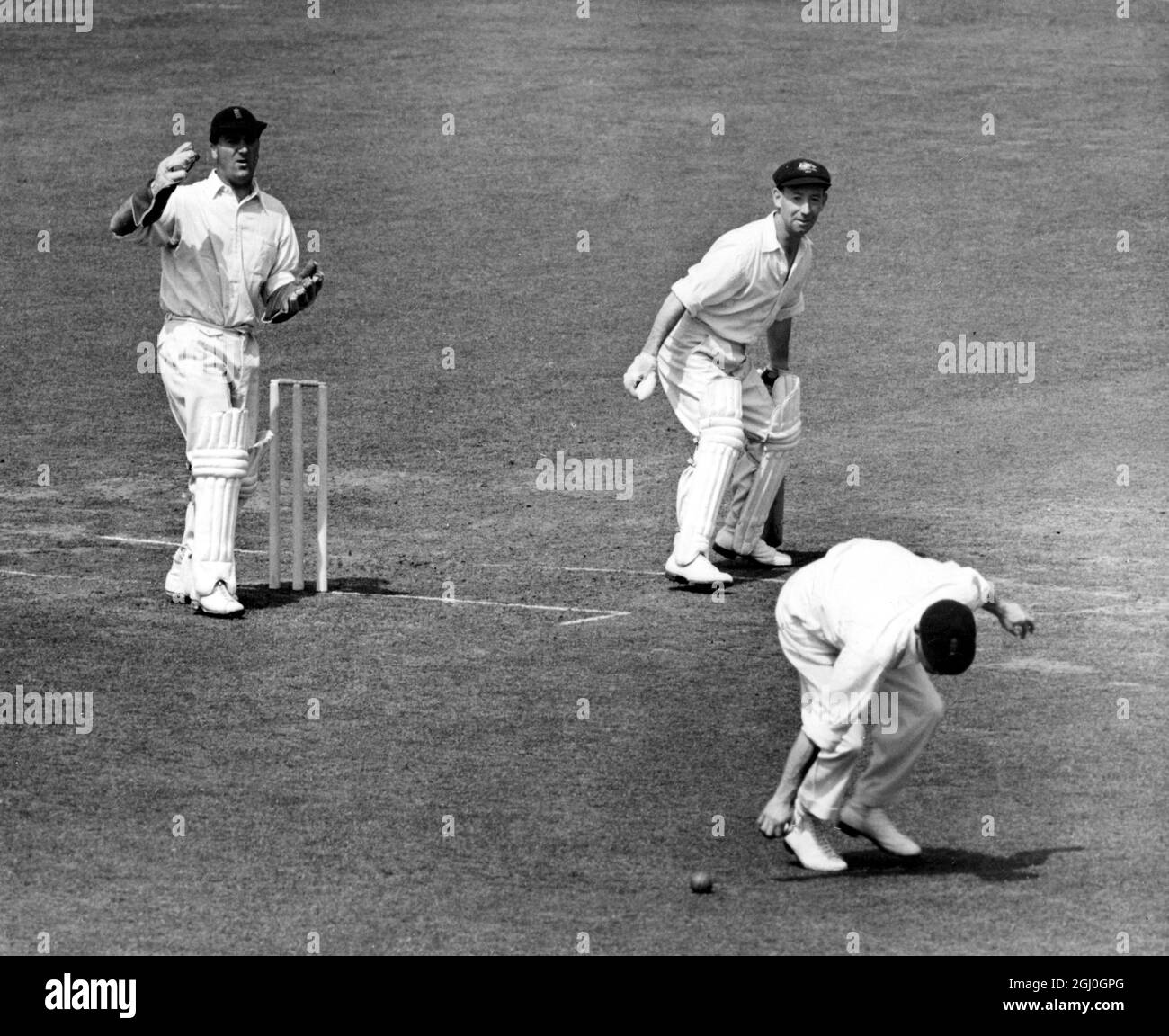 2. Testspiel bei Lords, England V Australien. Ein L Hassett (australischer Kapitän) wird am 25. Juni 1953 von L Hutton (Englands Kapitän) gegen FR Brown (England) bei 55 in den Rutschen fallen gelassen. Stockfoto