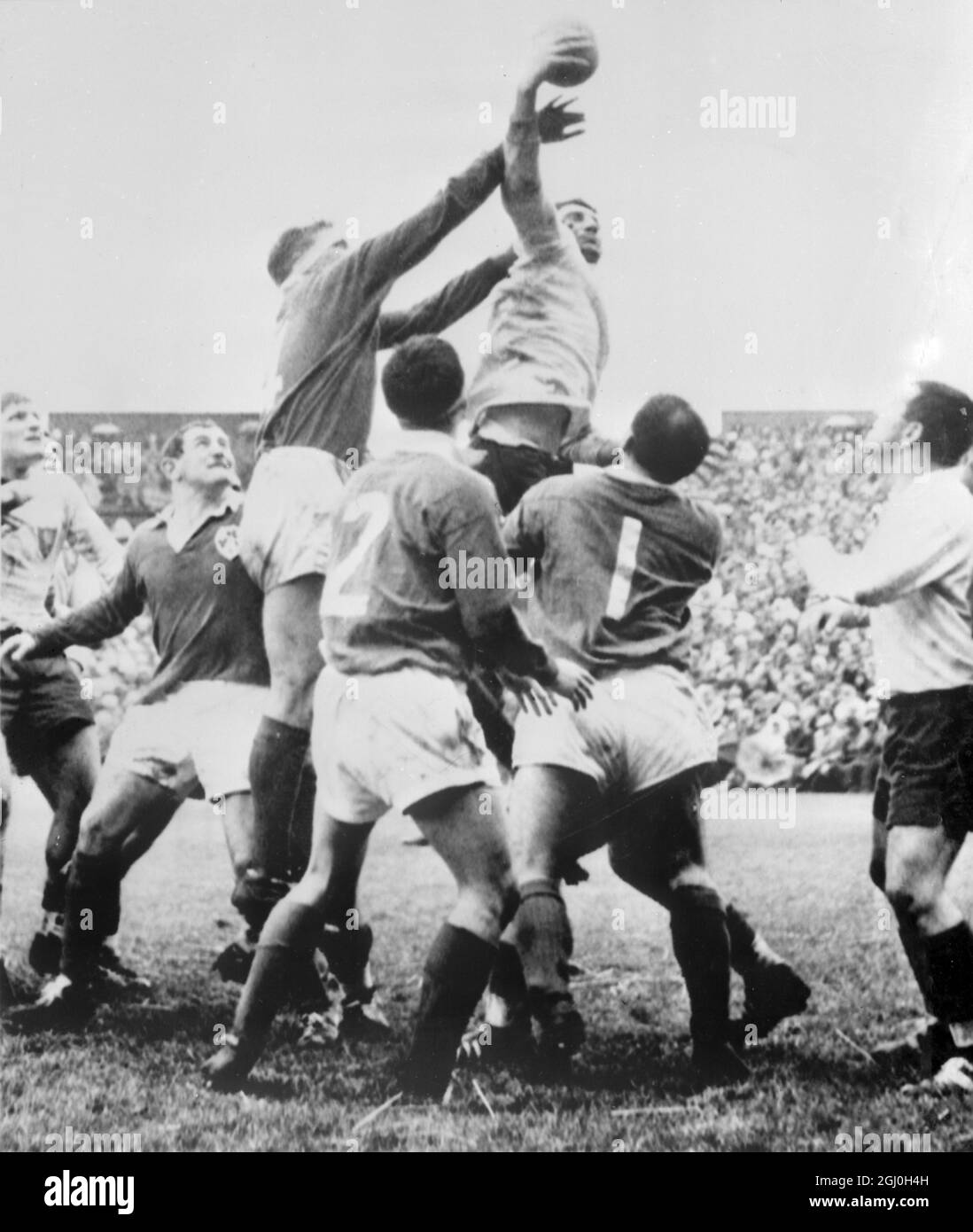 Der französische Stürmer schlägt vier irische Stürmer im Sprung nach dem Line-Out. Irisch von links nach rechts: McLoughlin, McBride, Kennedy und McHale das Rugby-Spiel Irland gegen Frankreich, das am 3-3. Januar 1965 endete Stockfoto