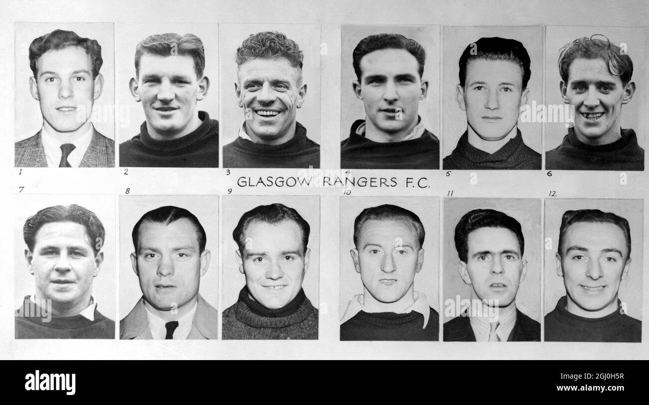 Glasgow Rangers FC 1. R Brown - Torwart 2 . G Young - rechts hinten 3. J Shaw l- eft zurück 4. I McColl - rechte Hälfte 5. W Woodburn - Mitte-Hälfte 6. S. Cox - linke Hälfte 7. W Waddell - außerhalb rechts 8. T Gillick - innen rechts 9. W Thornton - Mitte nach vorne 10. J Duncanson - innen links 11. J Caskie - außen links 12. W Williamson - Vorbehalten am 16. Februar 1948 Stockfoto