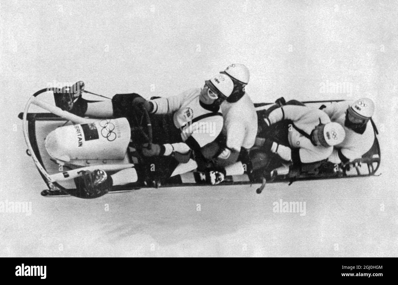 1936 Olympische Winterspiele Garmisch - Partenkirchen, Deutschland Großbritannien I - 4 Mann Bobmannschaft in Aktion. Sie gewannen die Bronzemedaille. ©TopFoto Stockfoto