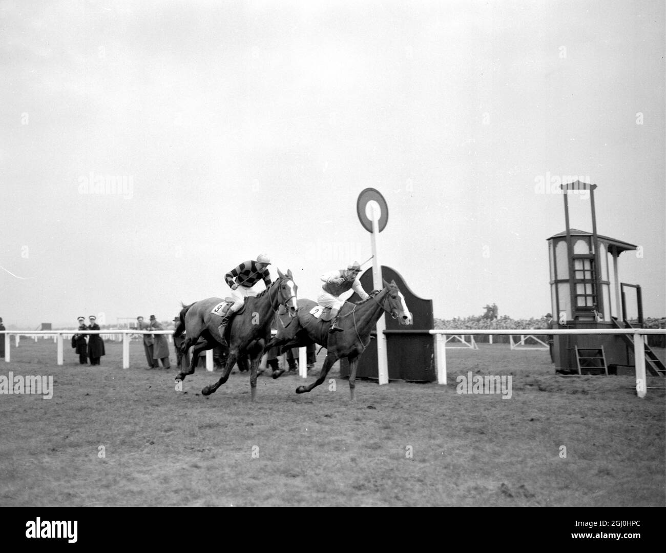 Royal Tan gewann den Grand National bei einem Aintree in Liverpool heute mit einem Hals von Tudor Line, mit irischen Eidechsen an dritter Stelle. Fünf Pferde beendeten das zermürbende viereinhalb Meilen Rennen, aus einem Feld von 29. März 1954 Stockfoto