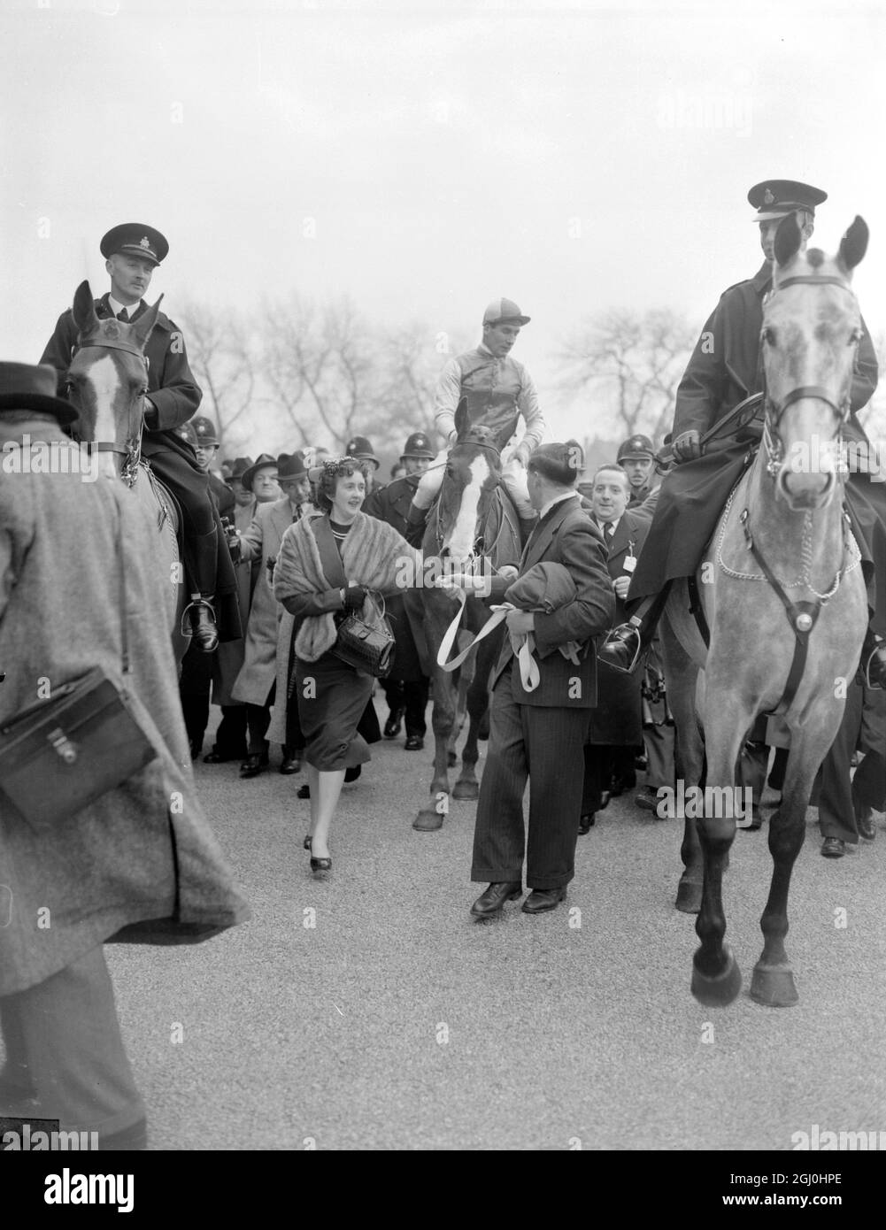 Royal Tan gewann den Grand National bei einem Aintree in Liverpool heute mit einem Hals von Tudor Line, mit irischen Eidechsen an dritter Stelle. Fünf Pferde beendeten das zermürbende viereinhalb Meilen Rennen, aus einem Feld von 29. Bryan Marshall, der heute Royal Tan zum Sieg ritt, ist ein stolzer Mann, als er und sein Vorwurf in das Gehäuse geführt werden. März 1954 Stockfoto