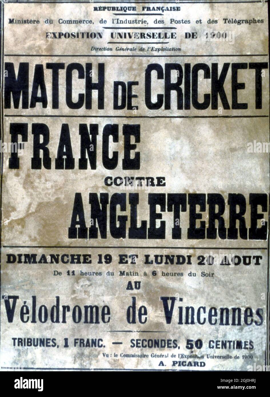 Plakat zur Förderung von Match De Cricket, bei den Olympischen Spielen 1900 in Paris. Stockfoto