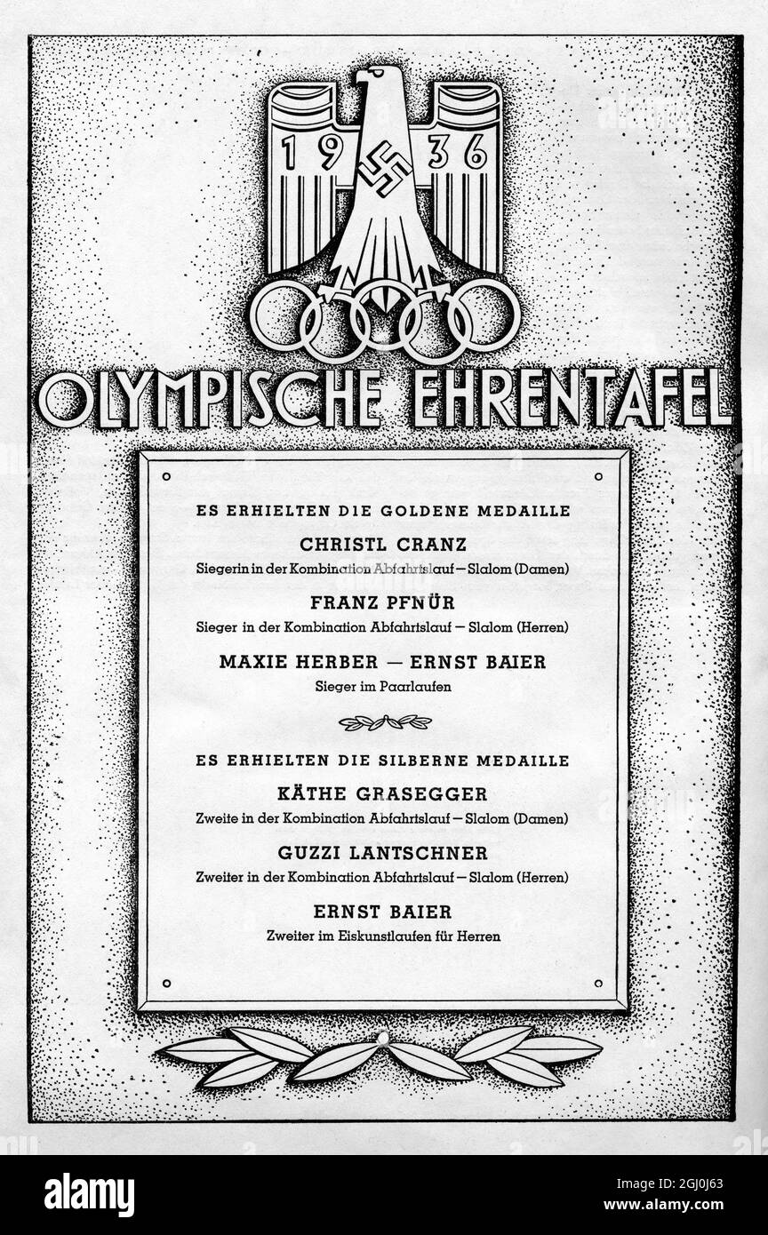 1936 Olympischer Ehrenrat - Goldmedaillen: Christl Cranz, Franz Pfnur, Maxie Herber, Ernst Baier - Silbermedaillen: Kathe Grasegger, Guzzi Lantschner, Ernst Baier. ©TopFoto Stockfoto