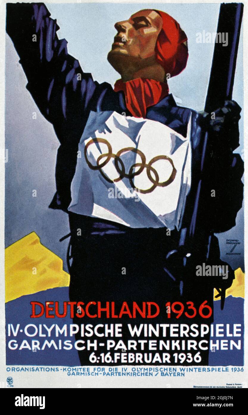 Deutschland 1936 - IV. Olympische Winterspiele in Garmisch-Partenkirchen 6:16. Februar 1936. - Deutsches Propagandaplakat für die Spiele. ©TopFoto Stockfoto