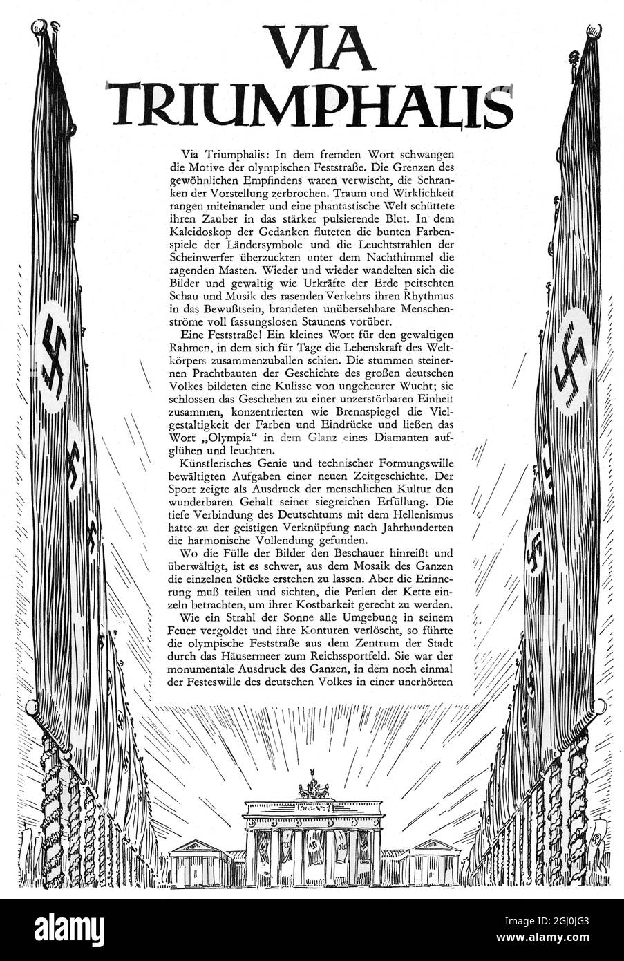 Olympische Spiele 1936 - Via Triumphalis - nach den Befreiungskriegen von 1813 bis 15 wurde die Straße zur 'Via Triumphalis' umgebaut, um an den Sieg über Napoleon zu erinnern und mit neuen, monumentalen Gebäuden sowie Statuen verdienter Generäle ausgestattet. So entstand zwischen dem Brandenburger Tor und der Schlossbrücke ein urbaner Raum, der zusammen mit dem Burgviertel den architektonischen Höhepunkt der Hauptstadt darstellt. Der zweite Weltkrieg ließ den größten Teil der Promenade in Schutt und Asche. ©TopFoto Stockfoto