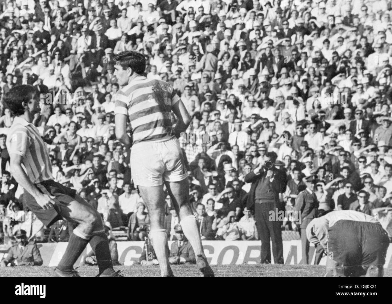 Montevideo: hughes of Glasgow Celtic stößt beim Finale der World Club Meisterschaft hier am 4. November mit dem Racing Club-Torwart Cejas (dreifache Folge) zusammen. 8. November 1967 Stockfoto