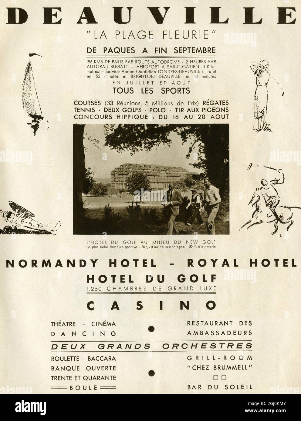 Werbung für Deauville ''La Plage Fleurie'' - Normandy Hotel - Royal Hotel - Hotel du Golf - Casino, etc.,- auf der Rückseite des Buches Folies Bergere 1938 - Folie en Fleurs präsentiert von M. Paul Derval. Das Folies Bergère ist eine Pariser Musikhalle, die von den 1890er bis in die 1920er Jahre auf dem Höhepunkt ihres Ruhmes und ihrer Popularität stand. Sie wurde am 2. Mai 1869 als Folies Trévise eröffnet und ist seit 2008 noch im Geschäft. ©TopFoto Stockfoto