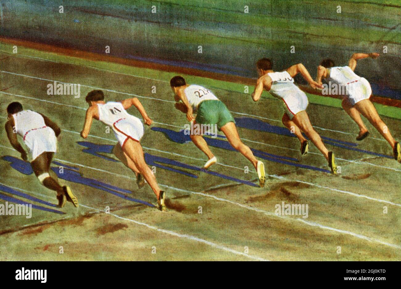 Der Start des 100-m-Rennens mit dem amerikanischen Sprinter Thomas Edward ''Eddie'' Tolan bei den Olympischen Sommerspielen in Los Angeles, Kalifornien 1932 Stockfoto
