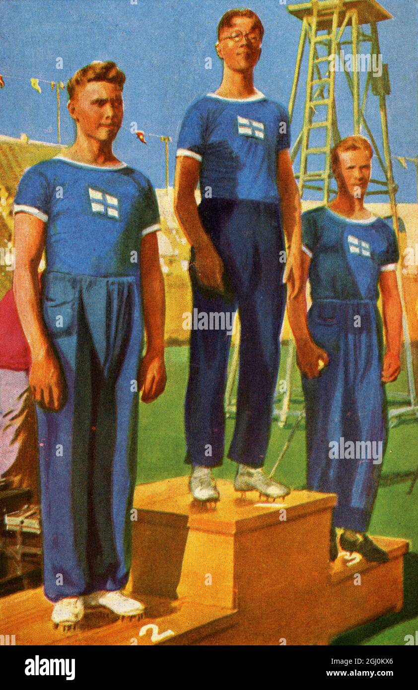 Javelin gewann Jarvinen (Finnland) mit seinen Finnenkollegen Sippala und Penttila 2. Und 3. Bei den Olympischen Sommerspielen in Los Angeles, Kalifornien 1932, offiziell bekannt als die Spiele der X-Olympiade Stockfoto