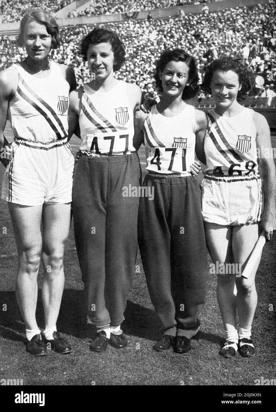 1932 Olympische Spiele, Los Angeles, USA, Leichtathletik: 4x100 m Staffellauf Frauen USA Team Mary Carew Evelyn Furtsch Annette Rogers Wilhelmina von Bremen Stockfoto