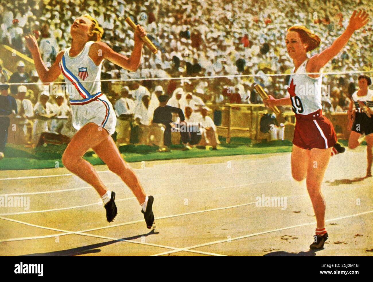 Eine Amerikanerin gewinnt die 4x100-m-Staffel bei den Olympischen Sommerspielen in Los Angeles, Kalifornien 1932 Stockfoto